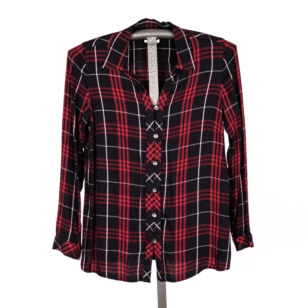 J.Jill Classic Red & Black Plaid Button Front Blouse SMALL Casual Cabin Western
